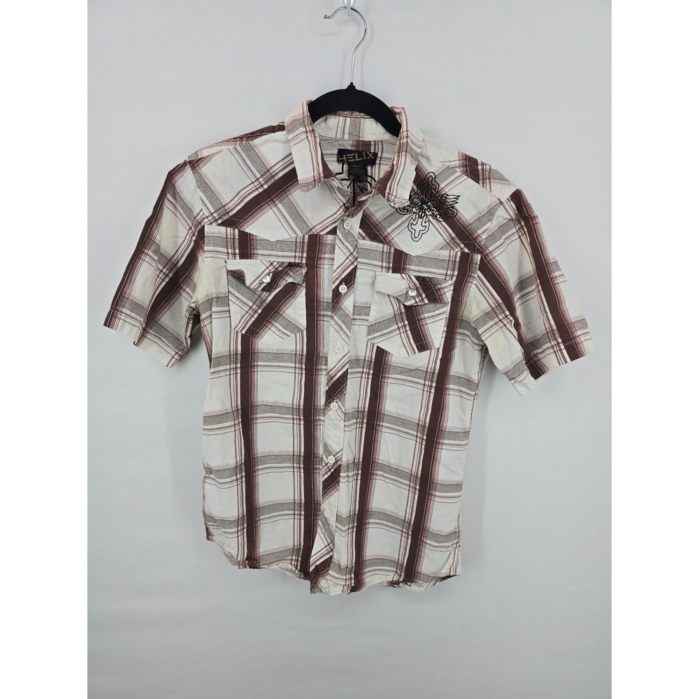 Helix Mens Brown Plaid Embroidered Wing Cross Short Sleeve Button Down Shirt S